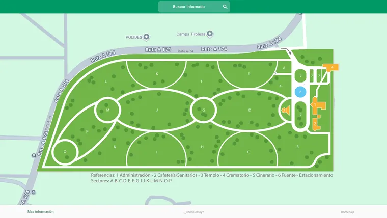 Mapa digital de un cementerio parque en JKMATE, con sus sectores